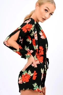 Rebellious Fashion Black Floral Panel Wrap Playsuit - Ladonna
