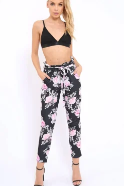 Rebellious Fashion Black Floral Paper Bag Tie Waist Cigarette Trousers - Jana