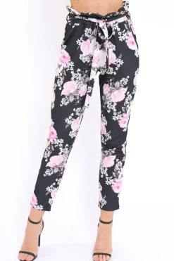Rebellious Fashion Black Floral Paper Bag Tie Waist Cigarette Trousers - Jana