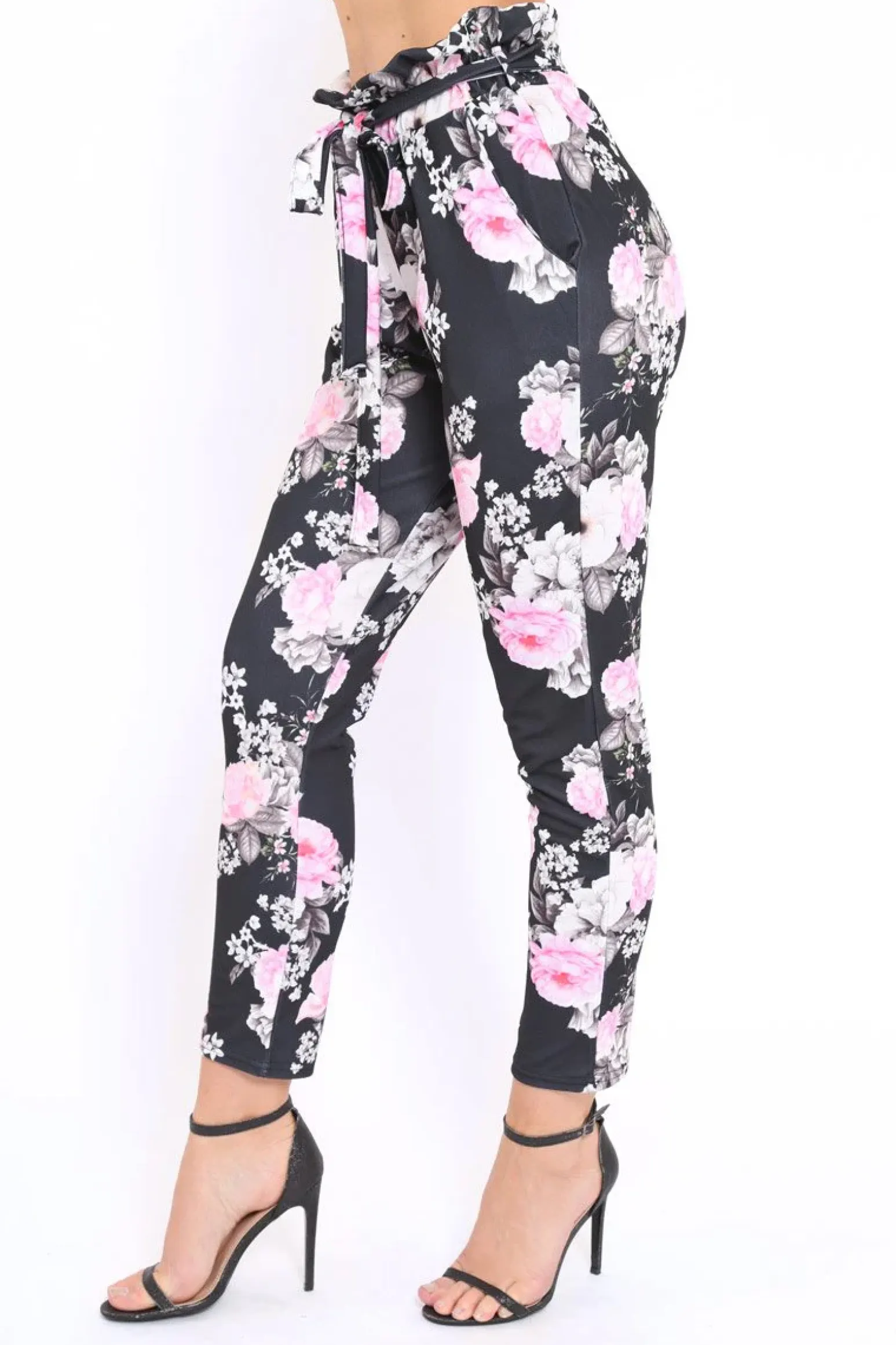 Rebellious Fashion Black Floral Paper Bag Tie Waist Cigarette Trousers - Jana