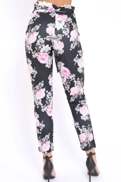Rebellious Fashion Black Floral Paper Bag Tie Waist Cigarette Trousers - Jana