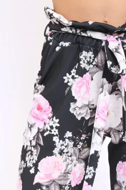 Rebellious Fashion Black Floral Paper Bag Tie Waist Cigarette Trousers - Jana