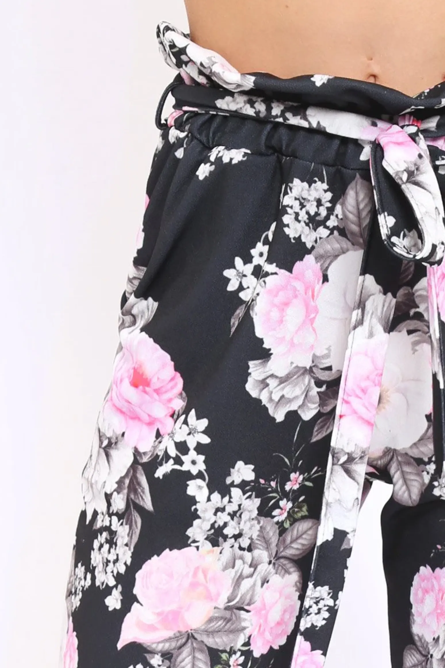 Rebellious Fashion Black Floral Paper Bag Tie Waist Cigarette Trousers - Jana
