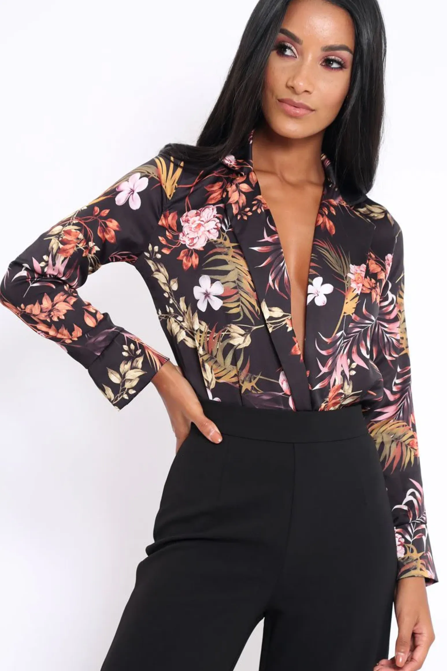 Rebellious Fashion Black Floral Plunge Satin Bodysuit - Rebeka