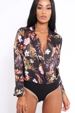 Rebellious Fashion Black Floral Plunge Satin Bodysuit - Rebeka