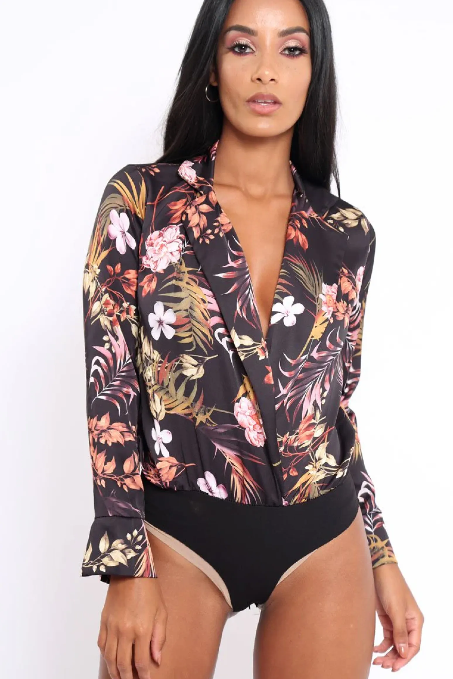 Rebellious Fashion Black Floral Plunge Satin Bodysuit - Rebeka