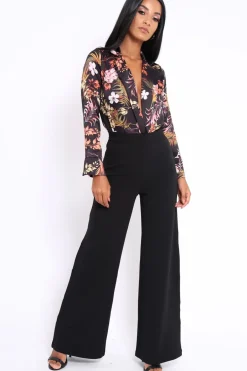 Rebellious Fashion Black Floral Plunge Satin Bodysuit - Rebeka