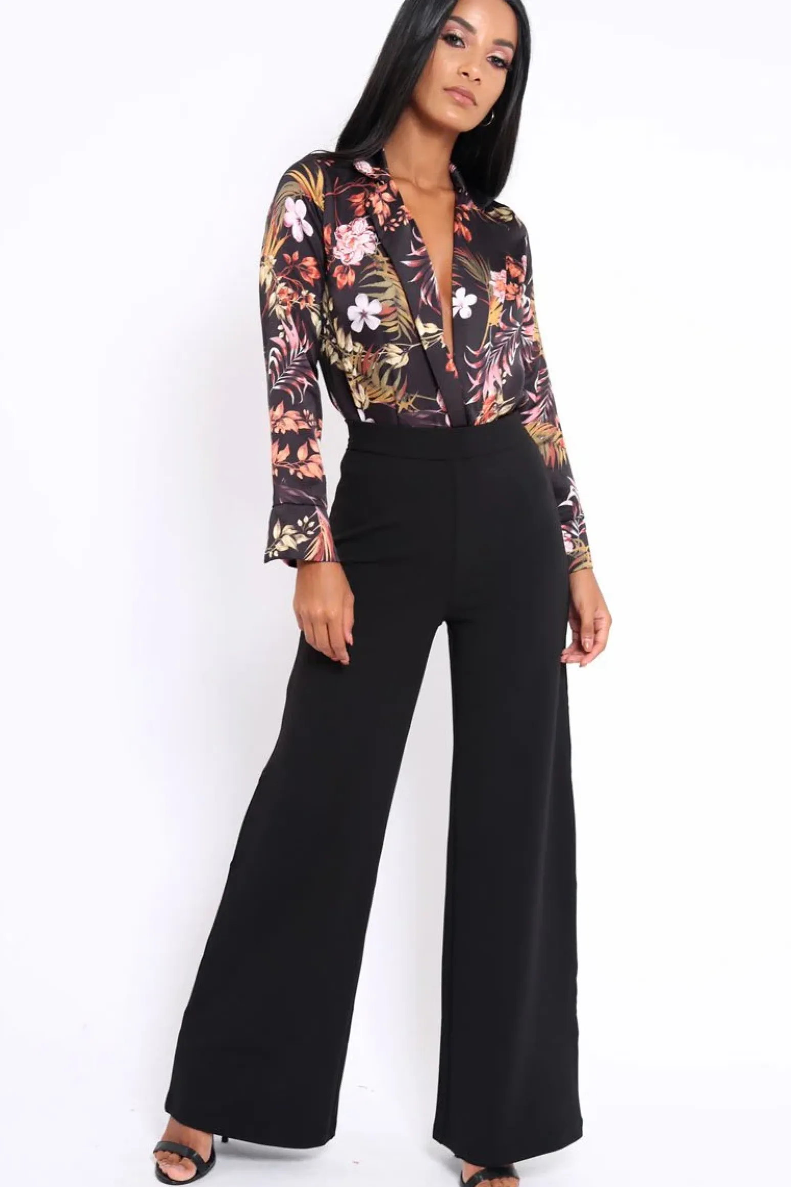 Rebellious Fashion Black Floral Plunge Satin Bodysuit - Rebeka