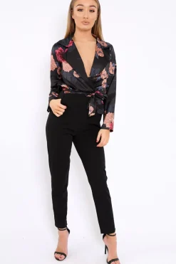 Rebellious Fashion Black Floral Plunge Satin Wrap Front Jumpsuit - Talulah