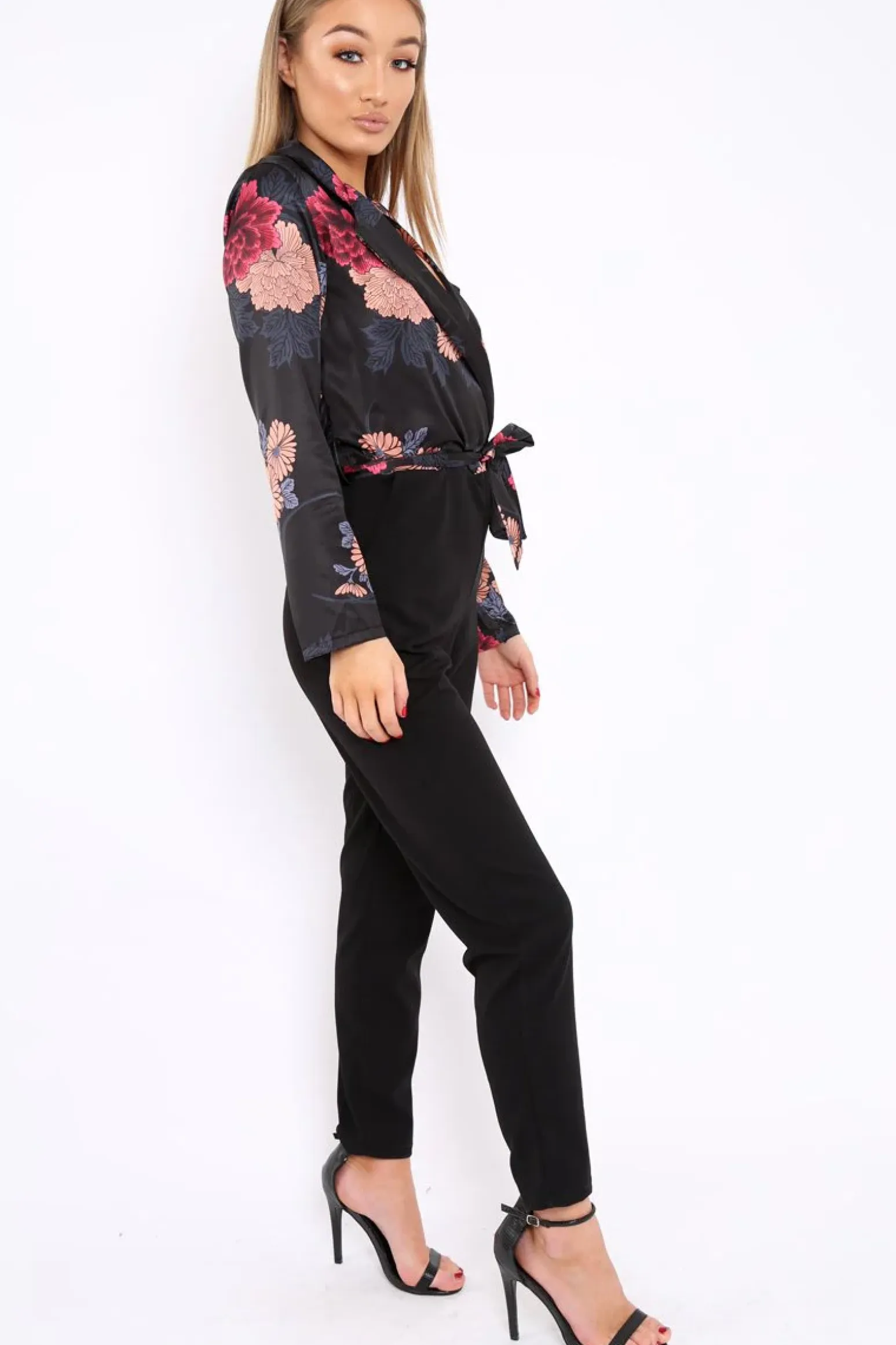 Rebellious Fashion Black Floral Plunge Satin Wrap Front Jumpsuit - Talulah