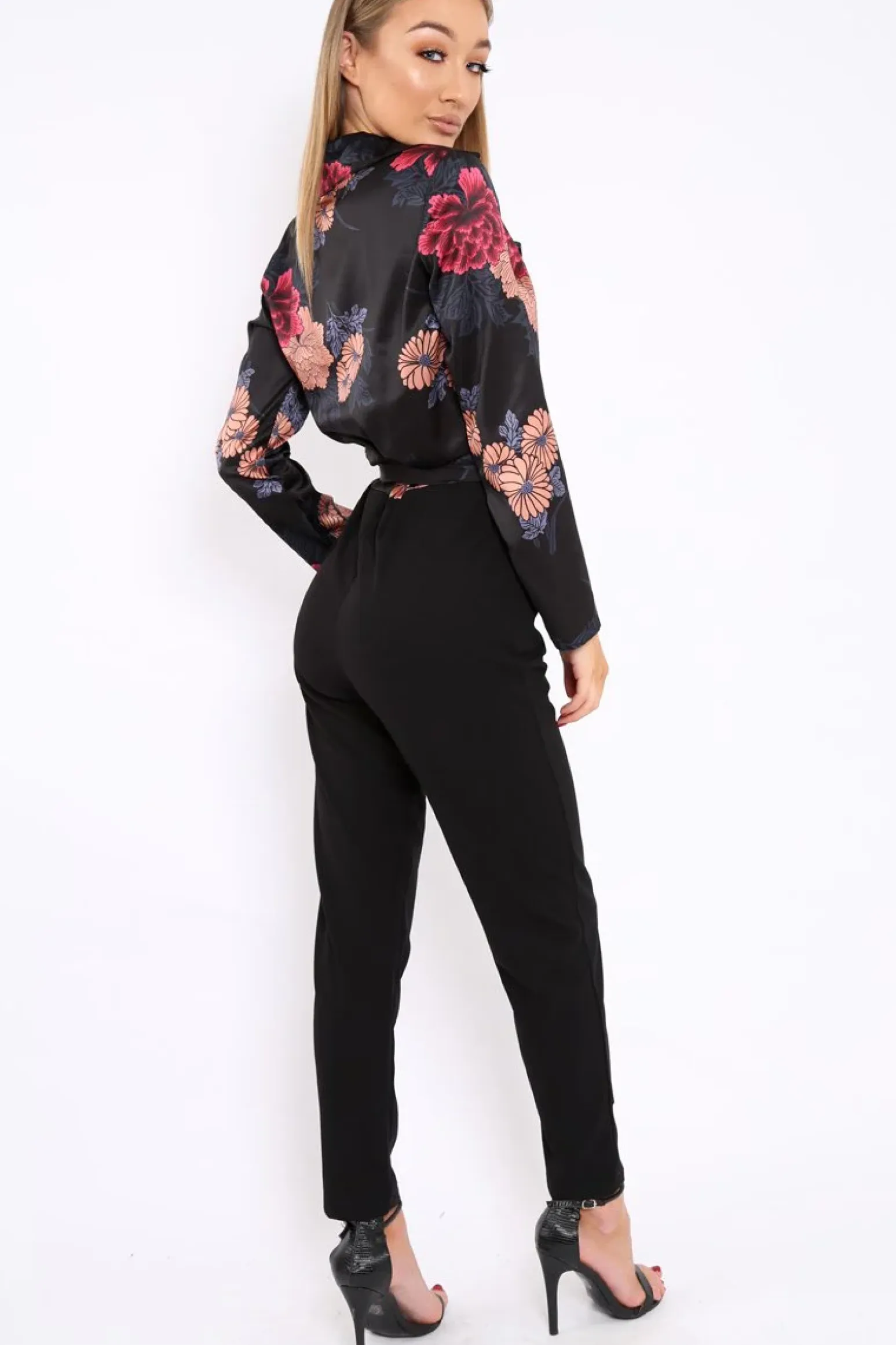 Rebellious Fashion Black Floral Plunge Satin Wrap Front Jumpsuit - Talulah