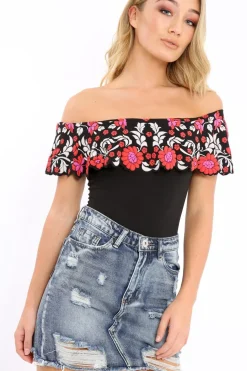 Rebellious Fashion Black Floral Print Bardot Frill Bodysuit - Klaudia