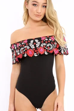 Rebellious Fashion Black Floral Print Bardot Frill Bodysuit - Klaudia