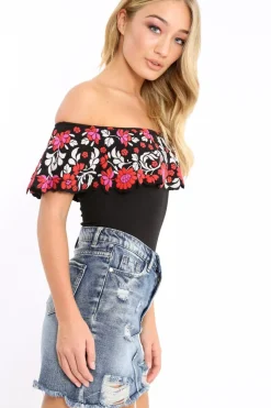 Rebellious Fashion Black Floral Print Bardot Frill Bodysuit - Klaudia