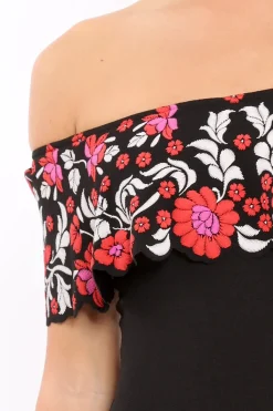 Rebellious Fashion Black Floral Print Bardot Frill Bodysuit - Klaudia