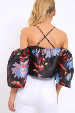 Rebellious Fashion Black Floral Print Bell Sleeve Crop Top - Shantall