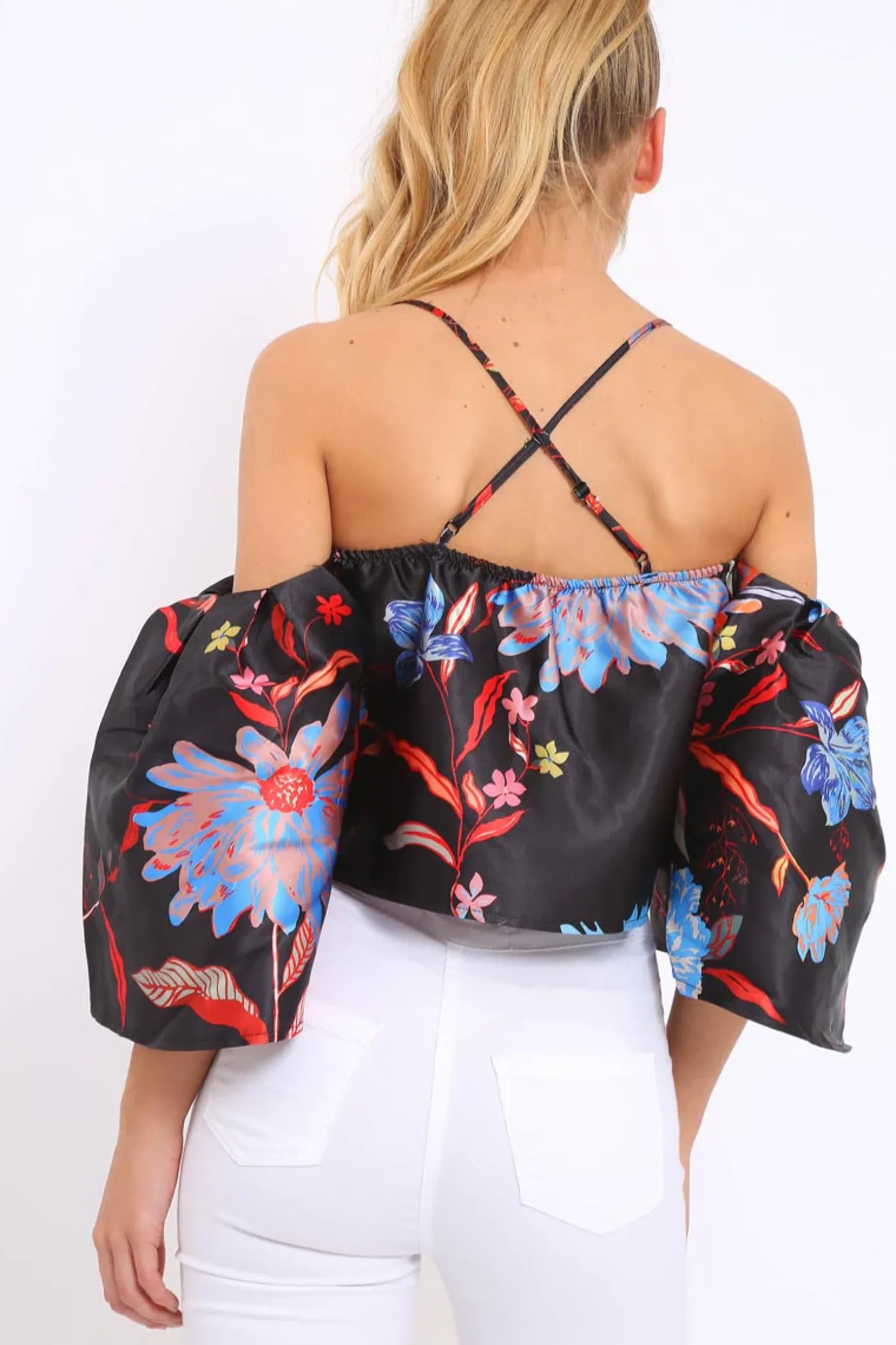 Rebellious Fashion Black Floral Print Bell Sleeve Crop Top - Shantall
