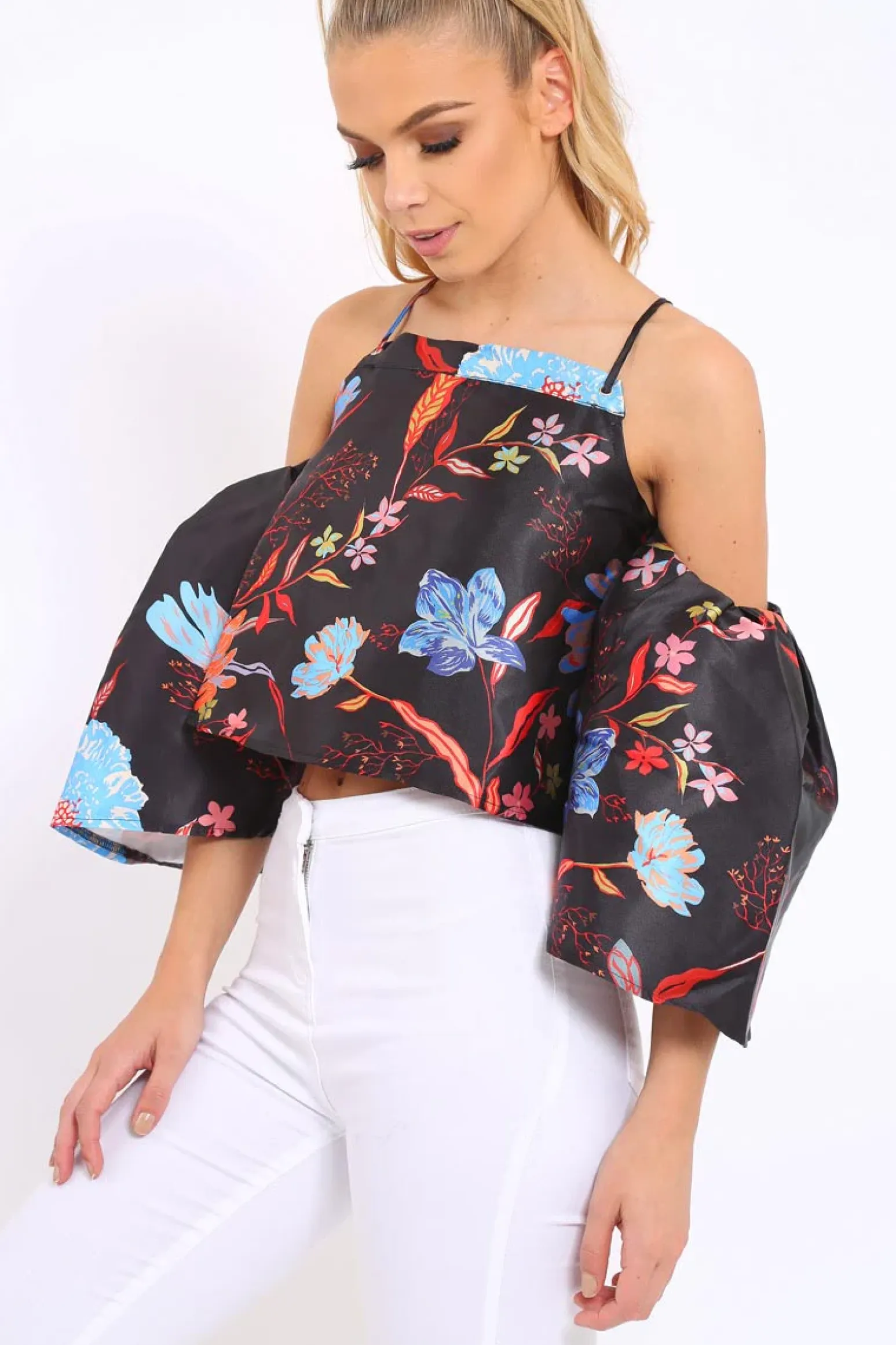 Rebellious Fashion Black Floral Print Bell Sleeve Crop Top - Shantall