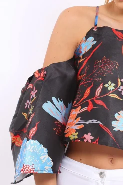 Rebellious Fashion Black Floral Print Bell Sleeve Crop Top - Shantall