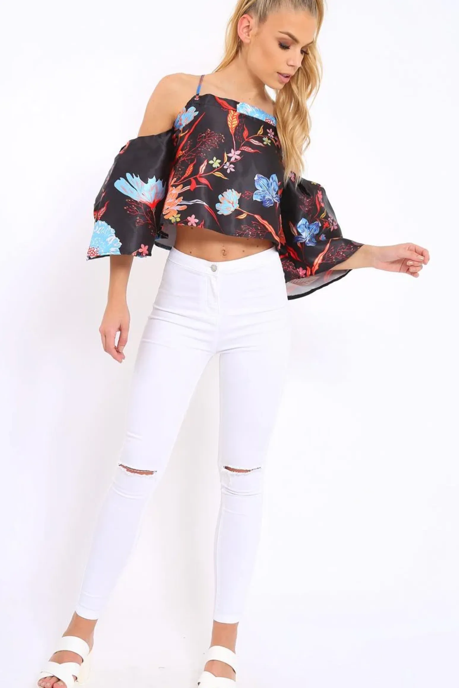 Rebellious Fashion Black Floral Print Bell Sleeve Crop Top - Shantall