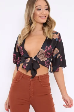 Rebellious Fashion Black Floral Print Satin Tie Crop Top - Kynslee