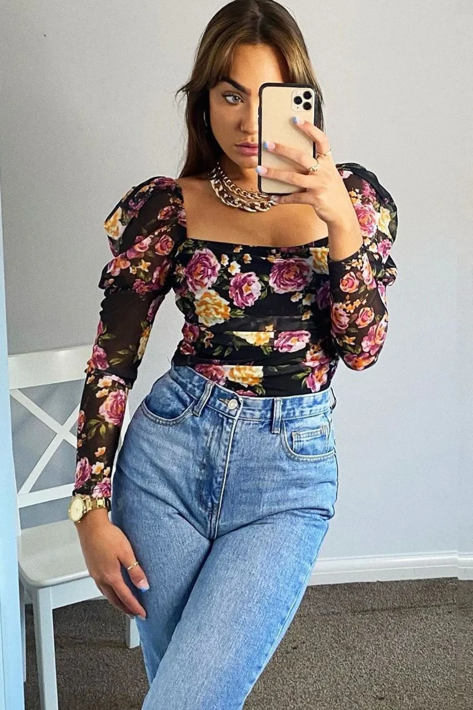 Rebellious Fashion Black Floral Puff Sleeve Bodysuit - Deana