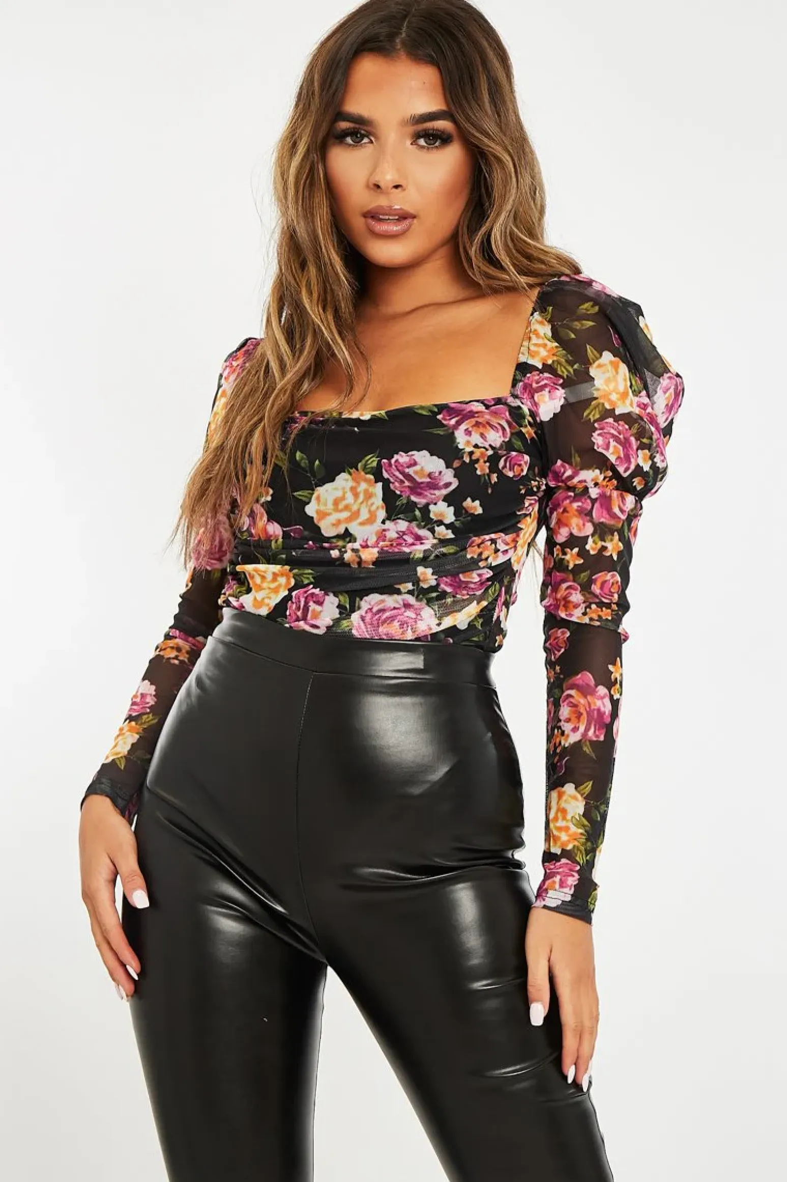 Rebellious Fashion Black Floral Puff Sleeve Bodysuit - Deana
