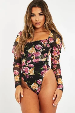 Rebellious Fashion Black Floral Puff Sleeve Bodysuit - Deana