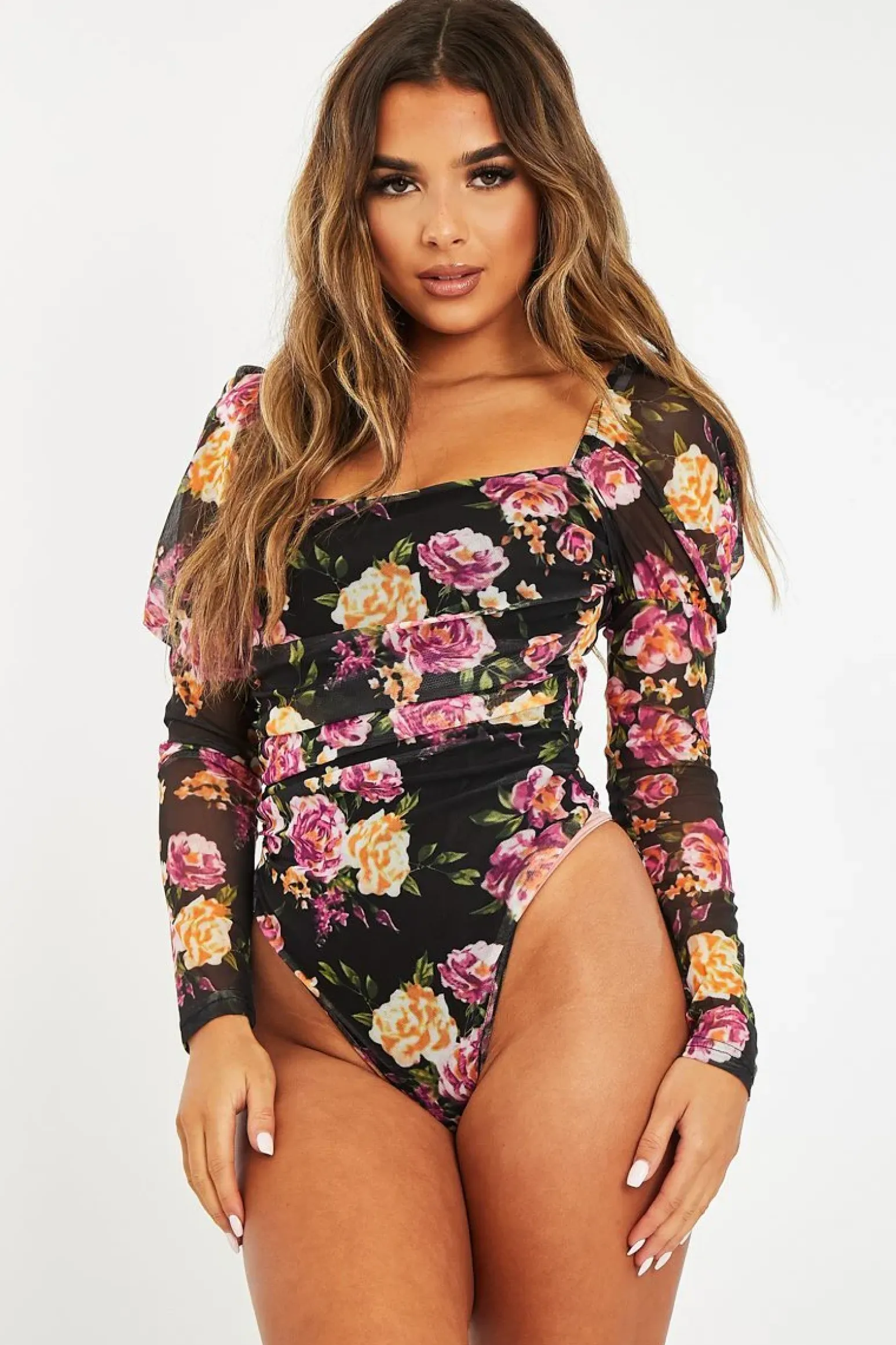 Rebellious Fashion Black Floral Puff Sleeve Bodysuit - Deana