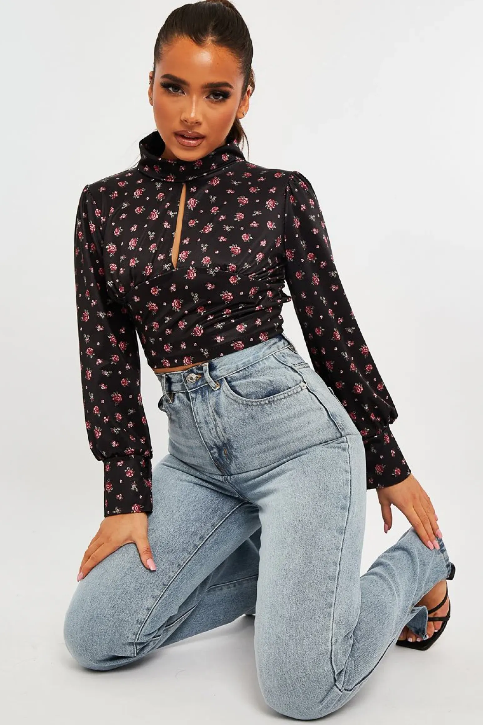 Rebellious Fashion Black Floral Satin Cut Out Backless Crop Top - Cary