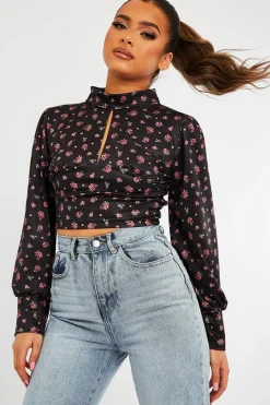 Rebellious Fashion Black Floral Satin Cut Out Backless Crop Top - Cary