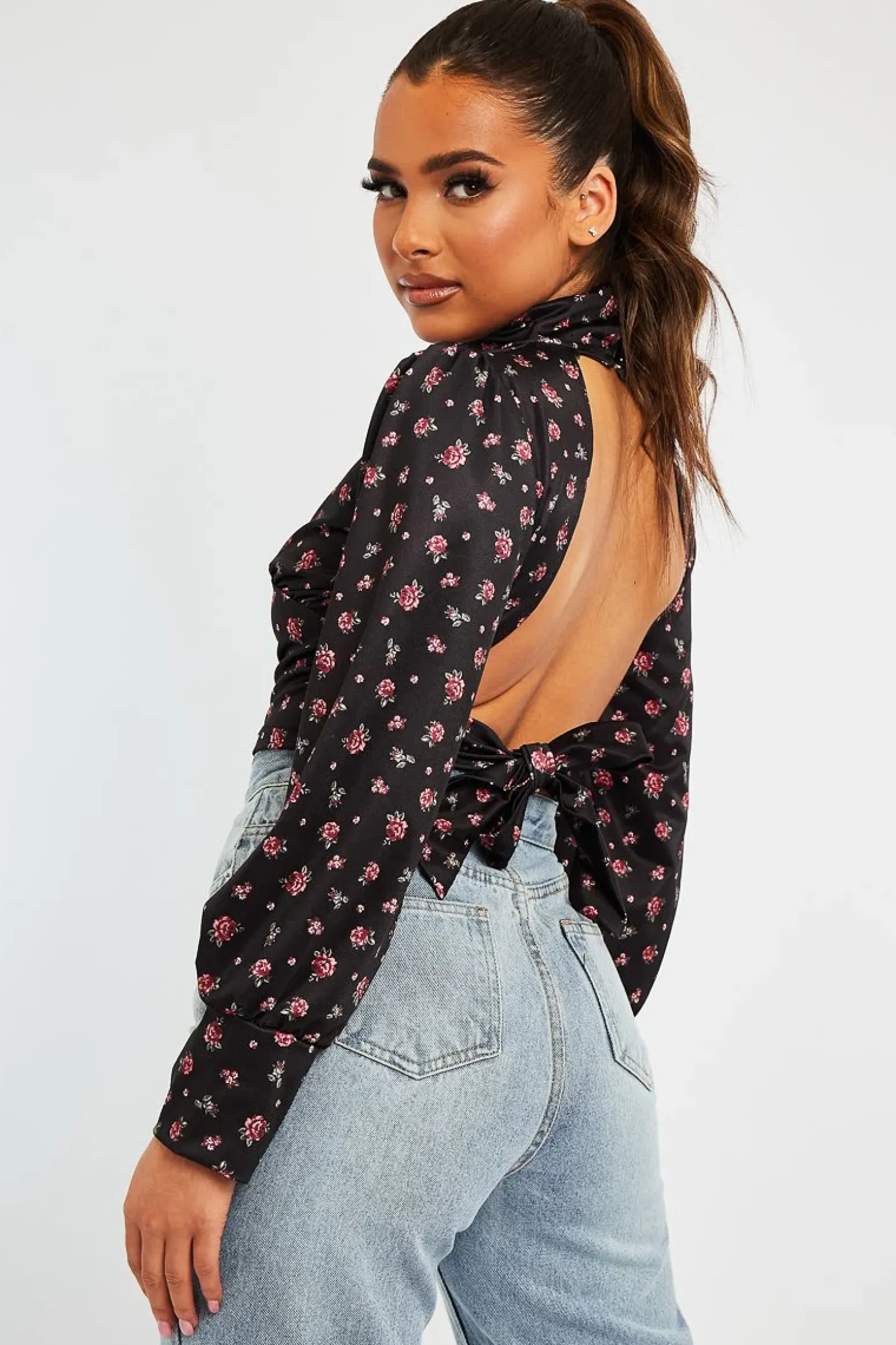 Rebellious Fashion Black Floral Satin Cut Out Backless Crop Top - Cary