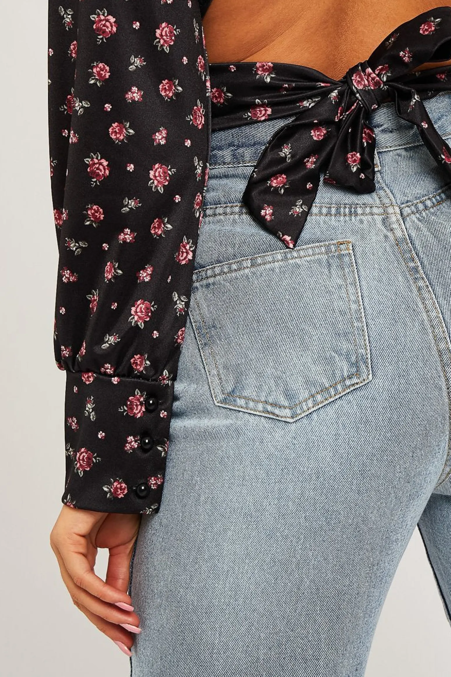 Rebellious Fashion Black Floral Satin Cut Out Backless Crop Top - Cary