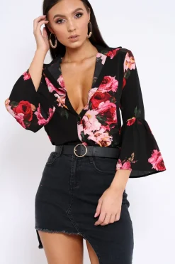 Rebellious Fashion Black Floral Shirt with Bell Sleeves - Harper