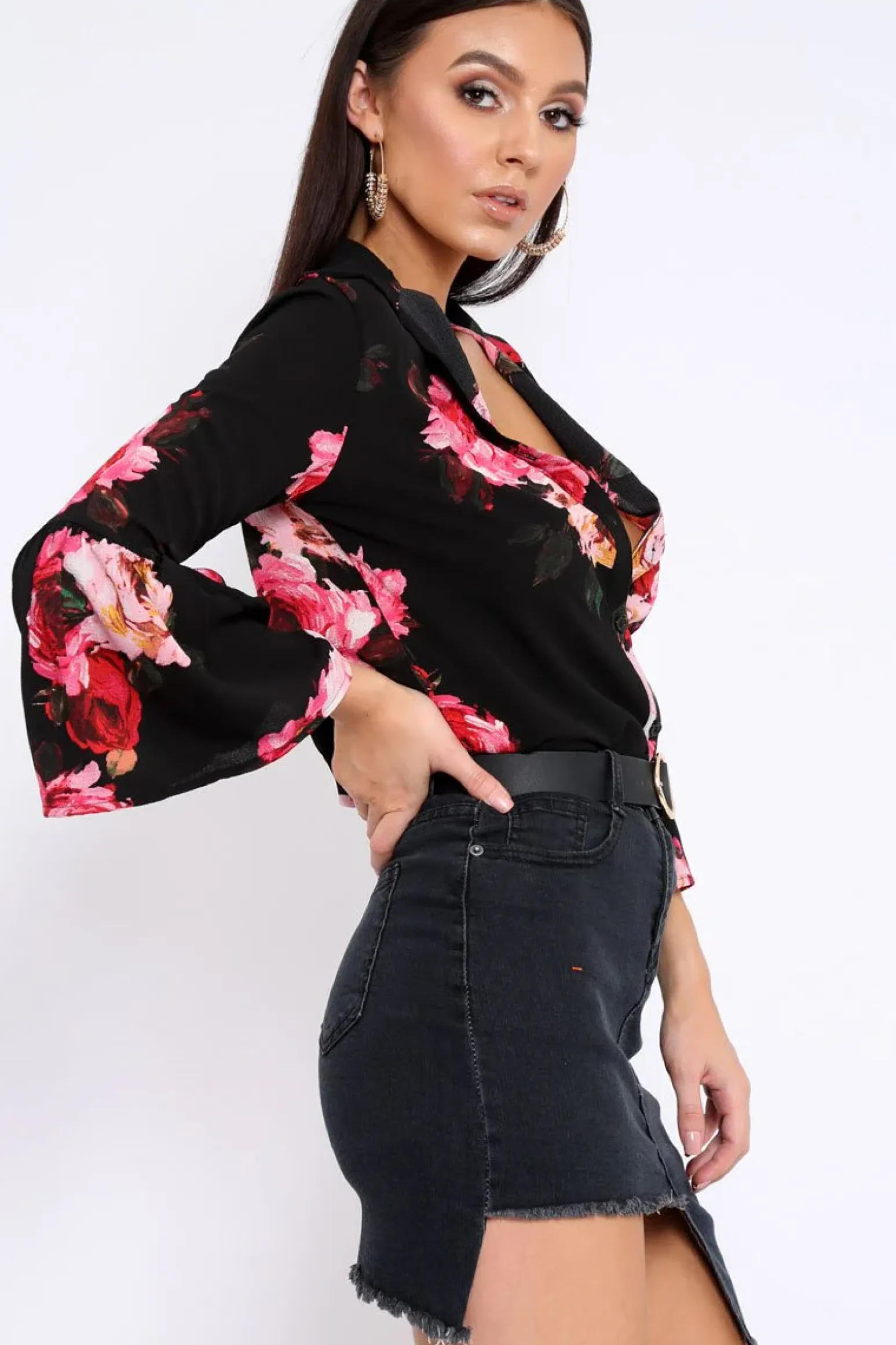Rebellious Fashion Black Floral Shirt with Bell Sleeves - Harper