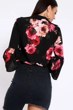 Rebellious Fashion Black Floral Shirt with Bell Sleeves - Harper