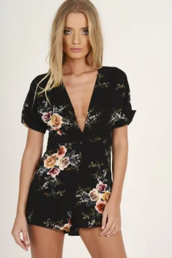 Rebellious Fashion Black Floral V Cut Playsuit - Dianne