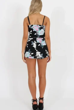 Rebellious Fashion Black Floral V Front Playsuit - Adia