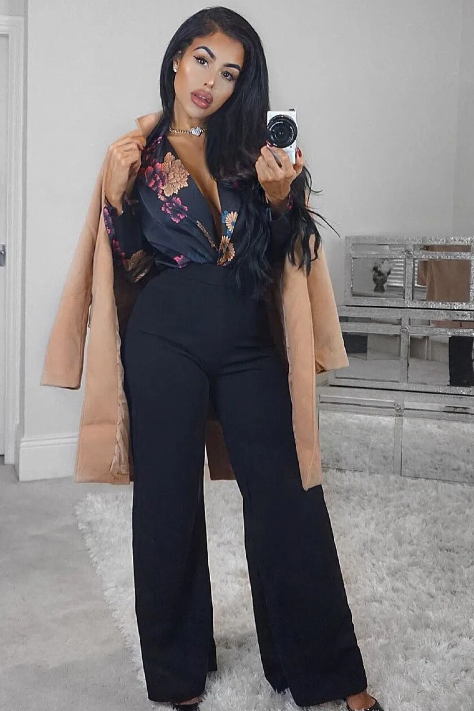 Rebellious Fashion Black Flower Print Plunge Satin Bodysuit - Madelynn