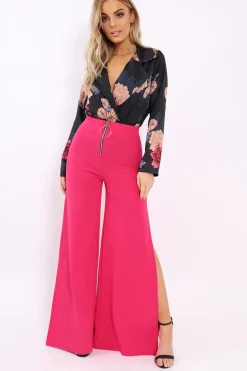 Rebellious Fashion Black Flower Print Plunge Satin Bodysuit - Madelynn