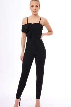 Rebellious Fashion Black Frill Asymmetric One Shoulder Jumpsuit - Tory