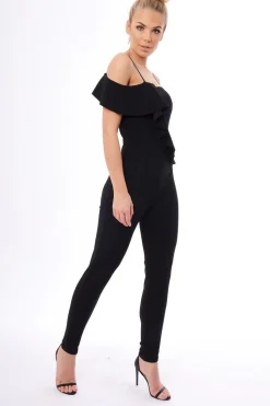 Rebellious Fashion Black Frill Asymmetric One Shoulder Jumpsuit - Tory
