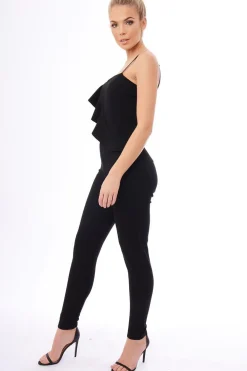 Rebellious Fashion Black Frill Asymmetric One Shoulder Jumpsuit - Tory