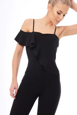 Rebellious Fashion Black Frill Asymmetric One Shoulder Jumpsuit - Tory