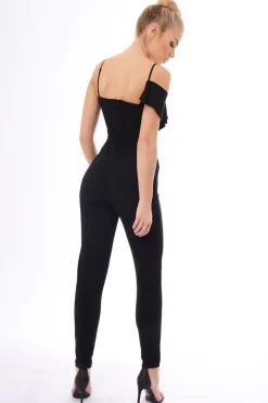 Rebellious Fashion Black Frill Asymmetric One Shoulder Jumpsuit - Tory