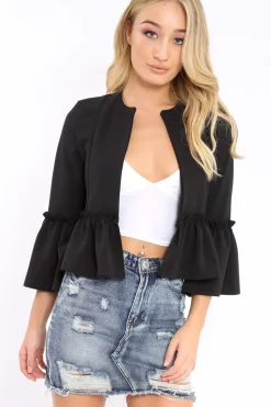 Rebellious Fashion Black Frill Bell Sleeve Blazer - Zarra