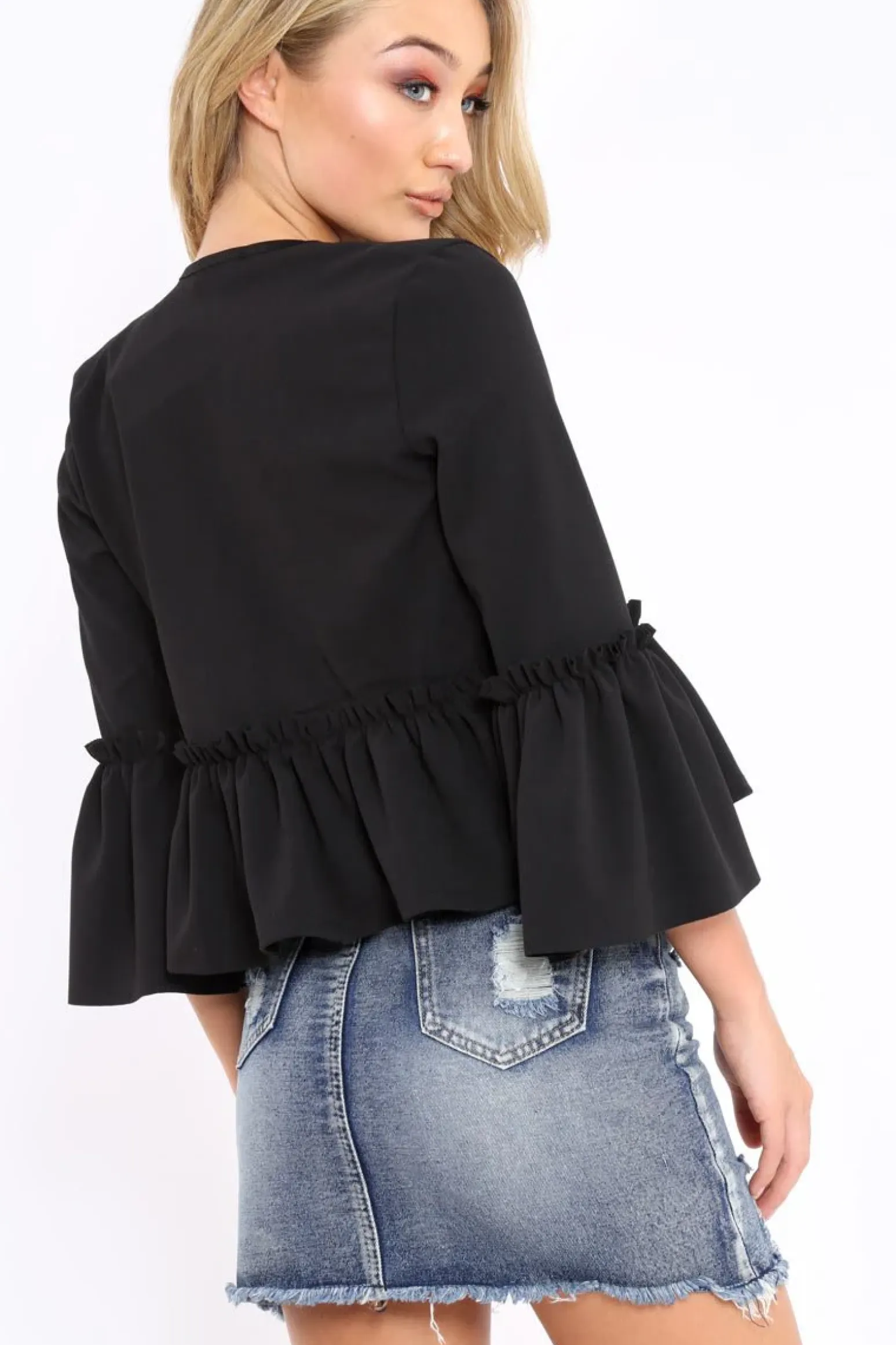 Rebellious Fashion Black Frill Bell Sleeve Blazer - Zarra