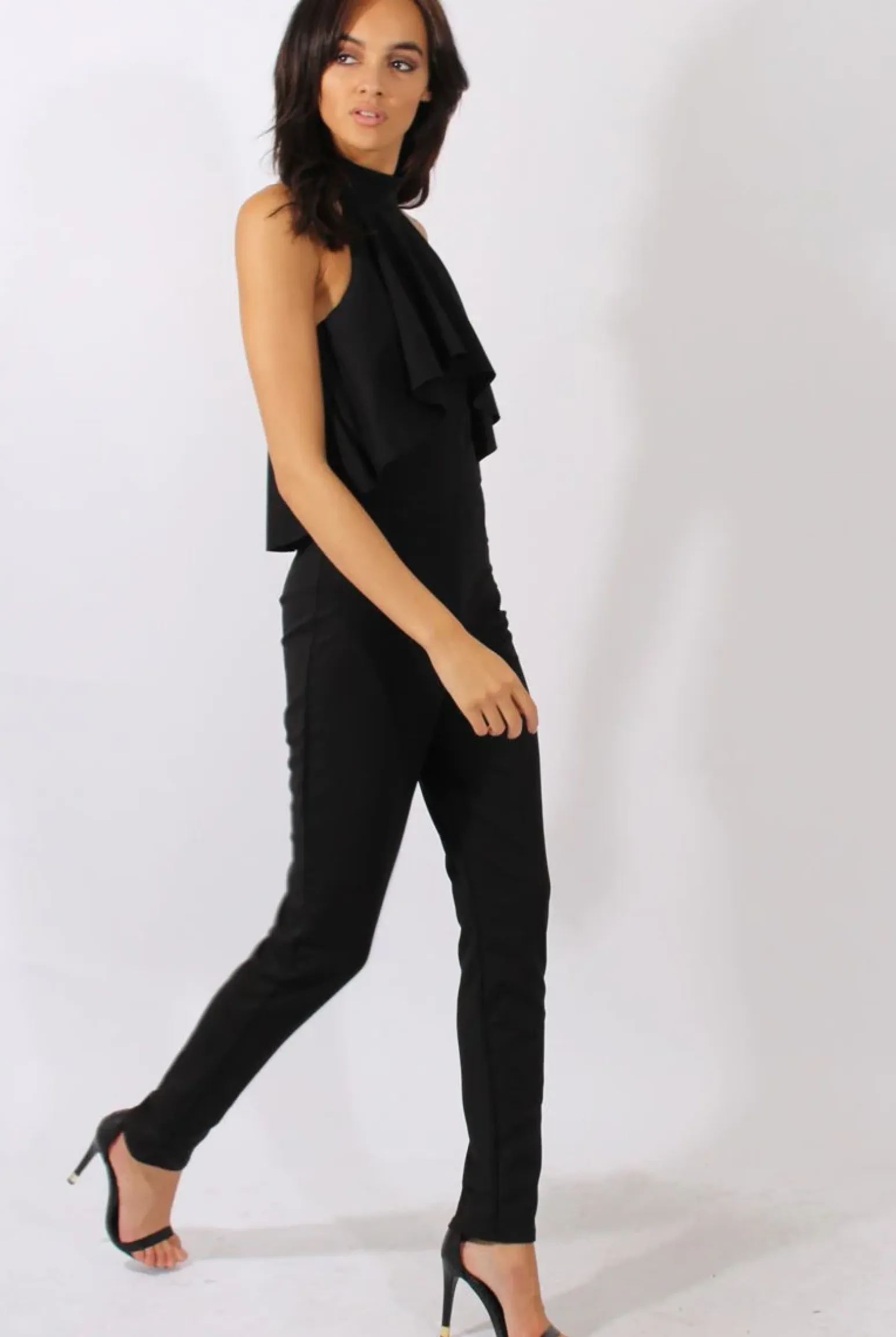Rebellious Fashion Black Frill Choker Jumpsuit - Melissa