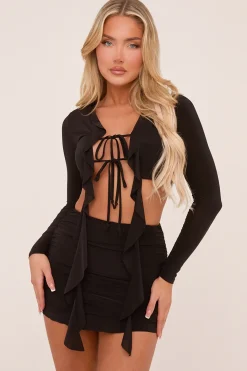 Rebellious Fashion Black Frill Detail Cropped Top & Mini Skirt Co-ord Set - Destiny