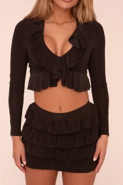 Rebellious Fashion Black Frill Detail Long Sleeves Cropped Top & Frill Detail Mini Skirt Co-ord Set - Darina